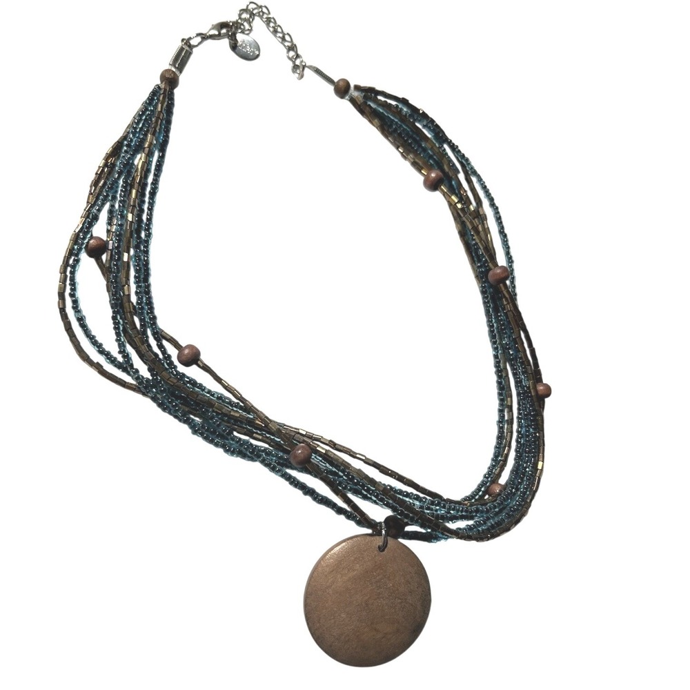 Claire's Blue & Brown Seed Beads & Wood Medallion Choker 19" Mother's Day